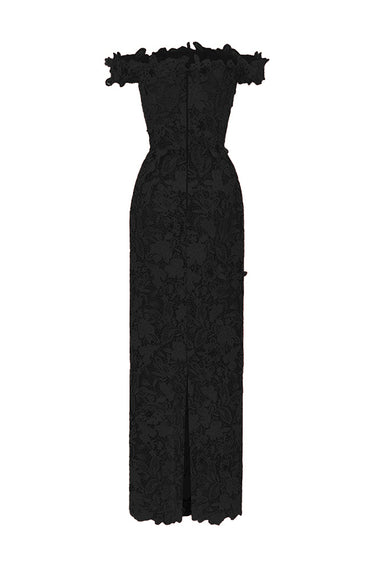 Black Floral Garden Lace bustier column midi dress with off-shoulder details - IHF STUDIO