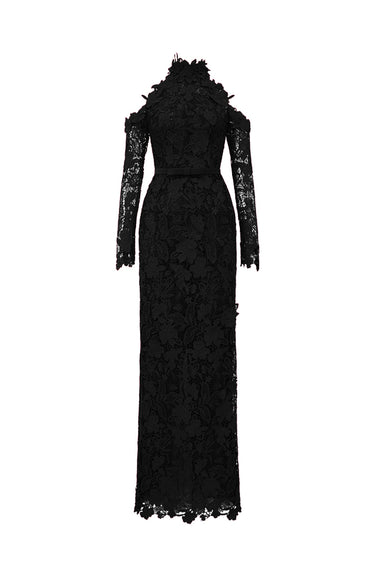 Black Floral Garden Lace Dress With Halter Neck And Long Sleeves - IHF STUDIO