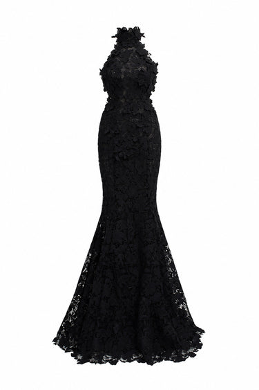 Black Floral Garden Lace halter mermaid pear-silhouette maxi dress - IHF STUDIO