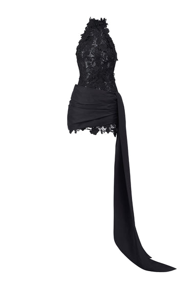 Black Floral Garden Lace Halter Mini-Column Dress With Asymmetric Draped Detail - IHF STUDIO