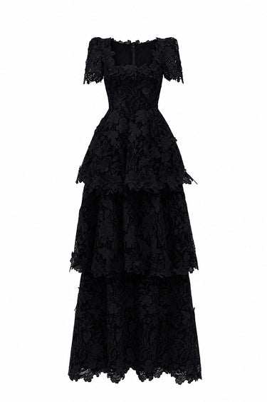 Black Floral Garden Lace Maxi A-line Dress With 3-tiered U-Neck - IHF STUDIO