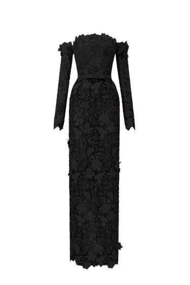 Black Floral Garden Lace Off-Shoulder Dress with Long Sleeves - IHF STUDIO