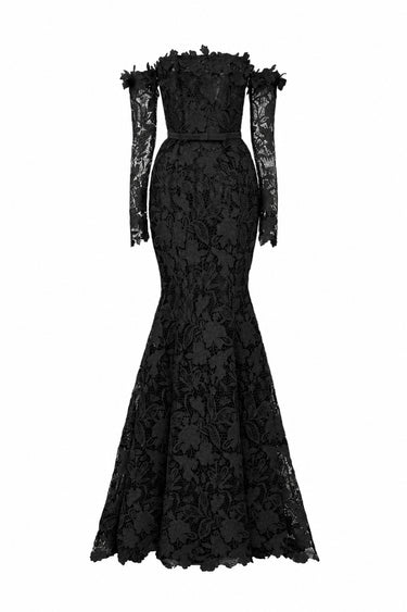 Black Floral Garden Lace Off-Shoulder Mermaid Dress With Silk Waist Belt - IHF STUDIO