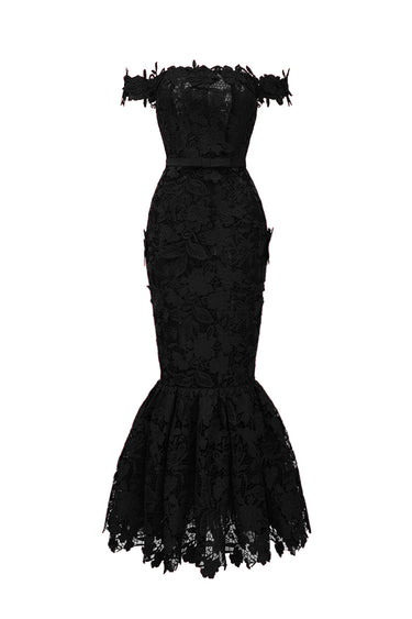 Black Floral Garden Lace Off-Shoulder Midi-Mermaid Dress - IHF STUDIO