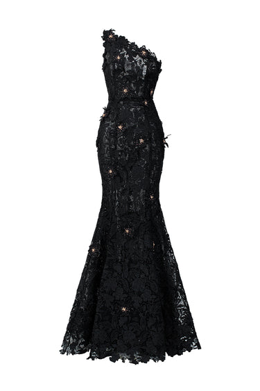 Black Floral Garden Lace One-Shoulder Mermaid Dress - IHF STUDIO