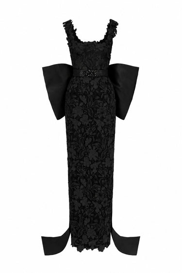 Black Floral Garden Lace Square-Neck Column Dress With Large Back Bow - IHF STUDIO