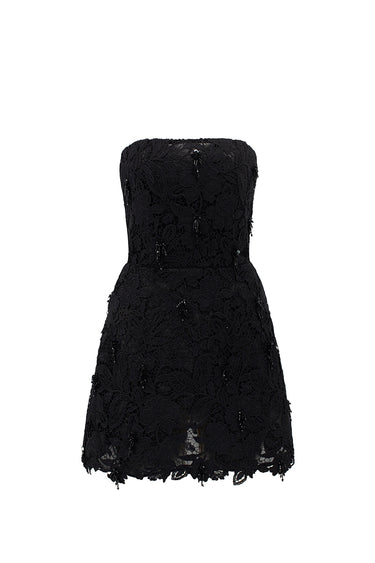 Black Floral Garden Lace Strapless Mini Dress with Crystal Cluster Embellishment - IHF STUDIO