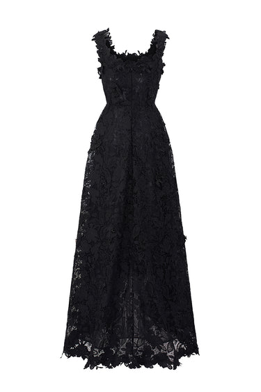 Black Floral Garden Lace Trapeze Midi Mullet A-line Dress With Pearl Cluster Embellishment - IHF STUDIO