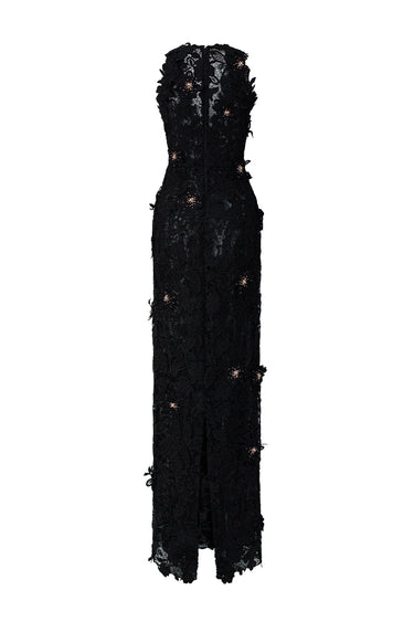 Black Floral Garden Lace V-Neck Maxi-Column Dress With Crystal Cluster Embellishment - IHF STUDIO