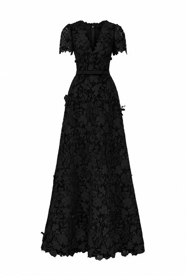 Black Floral Garden Short Sleeves A-Line Maxi Dress - IHF STUDIO