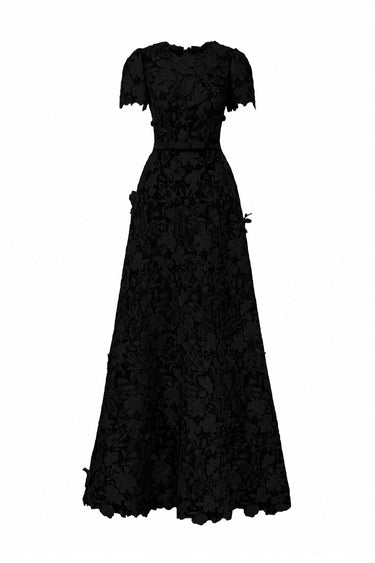 Black Floral Garden short-sleeve maxi A-line dress - IHF STUDIO