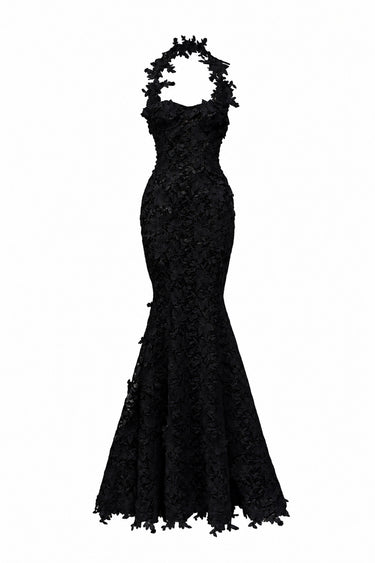 Black Floral Vine Lace mermaid maxi dress with cupped bodice - IHF STUDIO