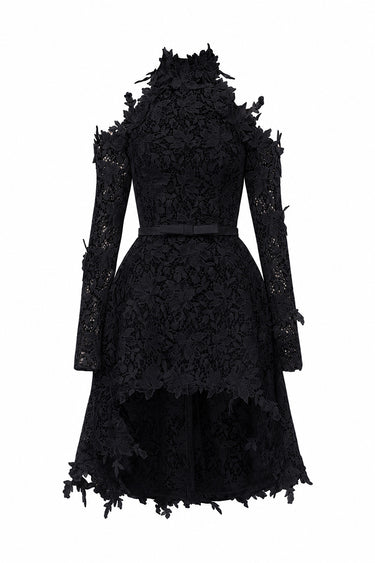 Black Floral Vine Lace Mini Mullet Dress With Halter Neck And Long Sleeves - IHF STUDIO