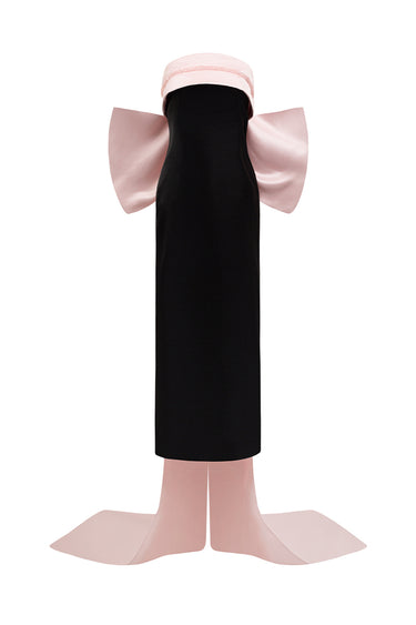 Black silk taffeta midi dress with blush pink fold-over bodice and oversized crystal-embellished bow train - IHF STUDIO