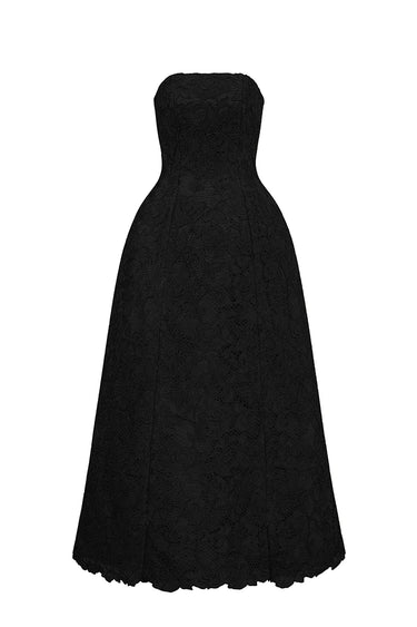Black Folded Bust Guipure Lace Midi Dress - IHF STUDIO
