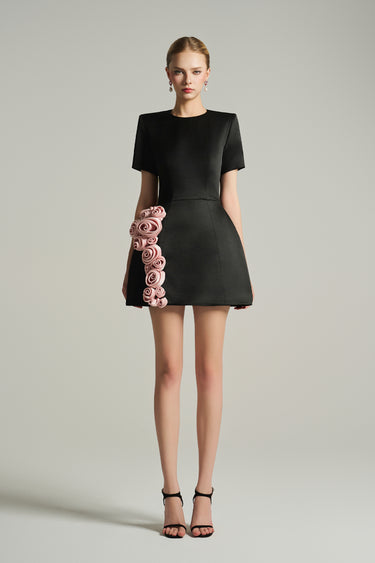 Black silk taffeta mini dress with crystal accents and hand-rolled light pink rose appliqués - IHF STUDIO