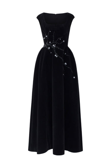 Black Lyon Velvet A-Line Midi Dress With Branch & Flower Embellishments - IHF STUDIO