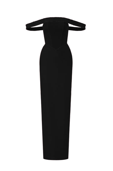Black Lyon Velvet Bustier Midi Column Dress With Horizontal Train - IHF STUDIO