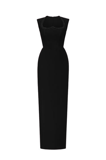 Black Lyon Velvet Midi Column Dress With Heart-Shaped Neck And Crystal Embellishment - IHF STUDIO