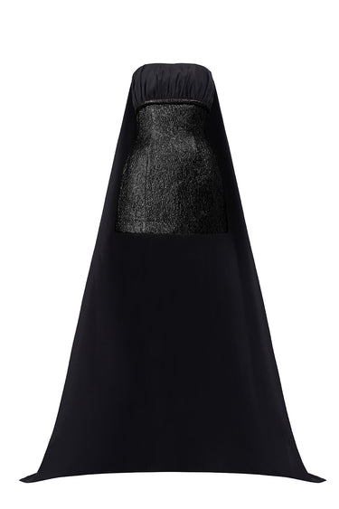 Black Metallic-Lacquer Jacquard Bustier Mini Column Dress with Extended Back Train - IHF STUDIO