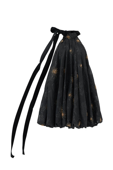 Black Organza Bubble Mini Dress With Ro-sette Woven Roses - IHF STUDIO