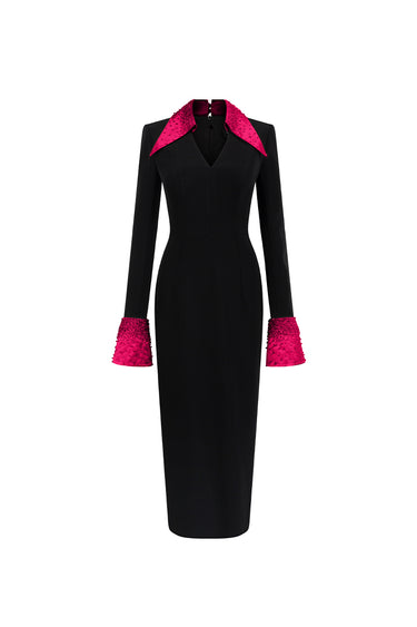Black crepe bodycon midi dress with long sleeves and dramatic pink wing cuffs - IHF STUDIO