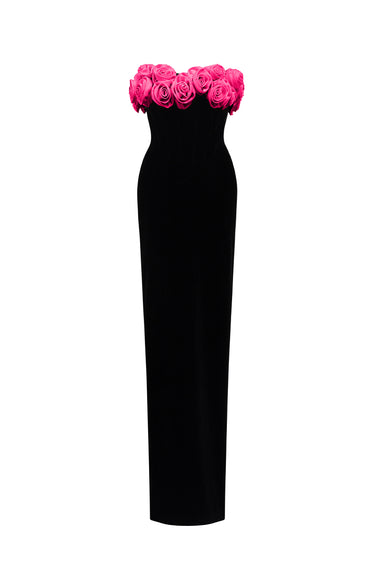 Black & Pink Off-Shoulder Rosette Column Gown - IHF STUDIO