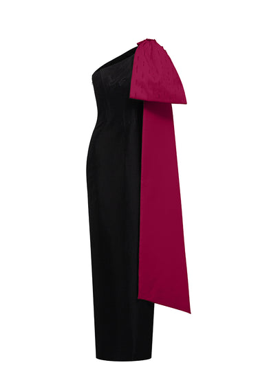 Black & Pink One-Bow Shoulder Taffeta Sheath Dress - IHF STUDIO