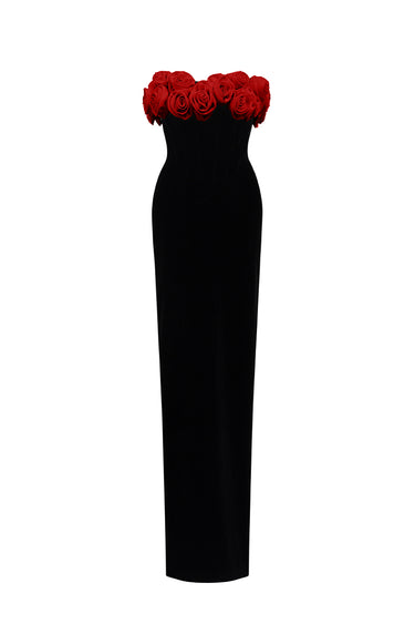Black & Red Off-Shoulder Rosette Column Gown - IHF STUDIO