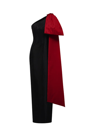 Black & Red One-Bow Shoulder Taffeta Sheath Dress - IHF STUDIO