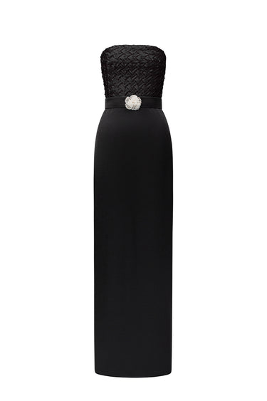 Black Silk Square Crisscross Strapless Column Dress with Black Silk Taffeta - IHF STUDIO