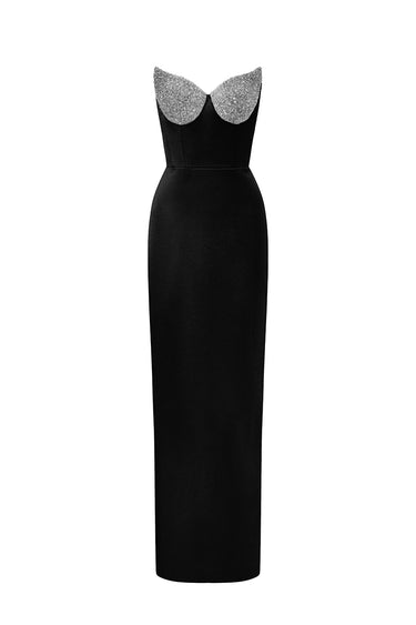 Black Silk Taffeta Bustier Column Dress With Lotus Pental-Shaped - IHF STUDIO