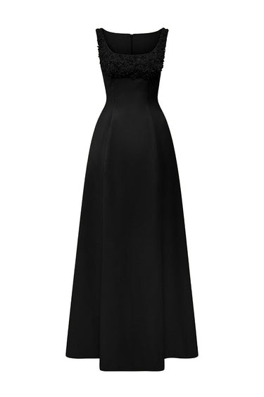 Black silk taffeta trapeze maxi A-line dress with crystal embellishment - IHF STUDIO