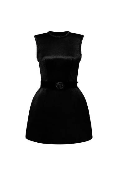 Black Structured Taffeta Mini Dress With Puff Hips And Crystal-Embellished Bow Belt - IHF STUDIO