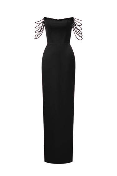 Black Taffeta Maxi Corset Dress with Off-Shoulder Sequin Embellishment - IHF STUDIO