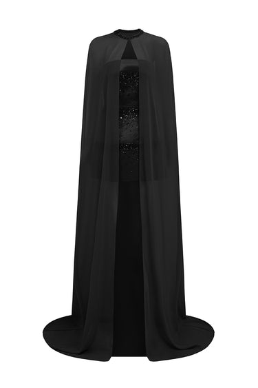 Black Taffeta Mini Column Dress with Sequin Floral Embellishment and Draped Cape - IHF STUDIO