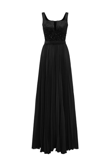 Black Taffeta Pleated Chiffon Maxi A-line Gown with Sequin Floral Cape Panel - IHF STUDIO