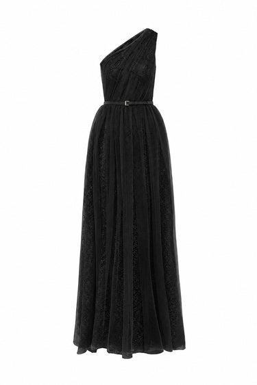 Black Tiny Floral Mesh Lace One-Shoulder A-Line Dress With Draped Tulle Details - IHF STUDIO