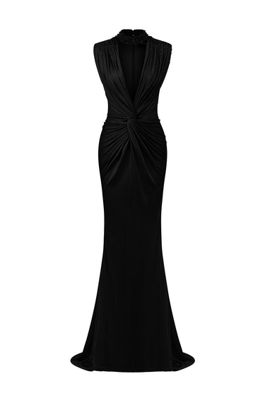 Black Twisted Drape Jersey Maxi Dress With Crystal-Embellished Neckline - IHF STUDIO