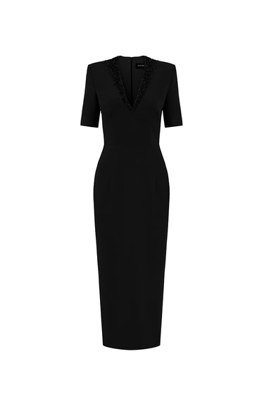 Black V-neck Midi Dress With Crystal Embellished Neckline - IHF STUDIO
