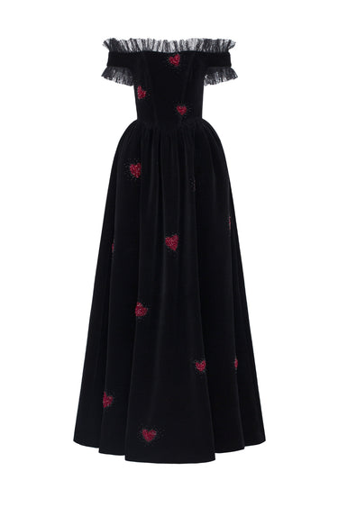 Black Velvet Maxi Dress With Ruffle Details And Heart-Shaped Embellishment - IHF STUDIO