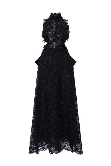 Black Vine Floral Lace Halter Midi A-Line Dress With Waist Cut-Out And Crystal Embellishment - IHF STUDIO