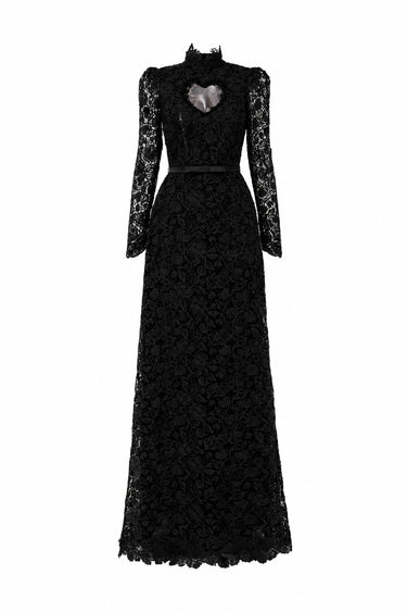 Black Vine Floral Lace Long-Sleeve Maxi Dress With Heart Cutout, Balloon Drawstring - IHF STUDIO