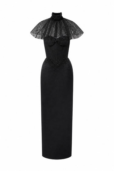 Black Vine Guipure Lace And Silk Taffeta Bustier Midi Column Dress With Mini Cape - IHF STUDIO