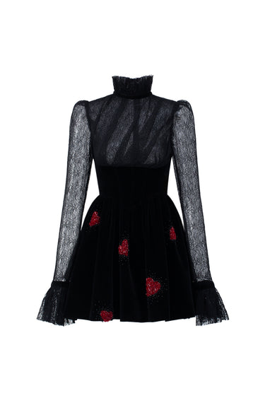Black Vine Guipure Lace & Velvet Long-Sleeve Mini Dress With Draped Details And Heart-Shaped Embellishment - IHF STUDIO