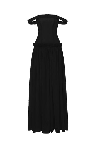 Black Vine Guipure Lace Off-Shoulder A-Line Dress With Horizontal Train - IHF STUDIO