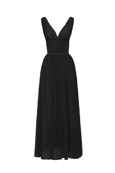 Black Vine Guipure Lace V-Neck Midi A-Line Dress With Draped Details And Two Mini Bows - IHF STUDIO