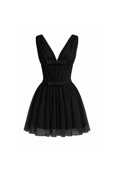 Black Vine Guipure Lace V-neck mini A-line dress with draped details and two mini bows - IHF STUDIO