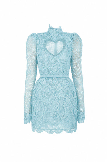 Blue Vine Floral Lace Long-Sleeve Mini Dress With Heart Cutout, Balloon Drawstring - IHF STUDIO