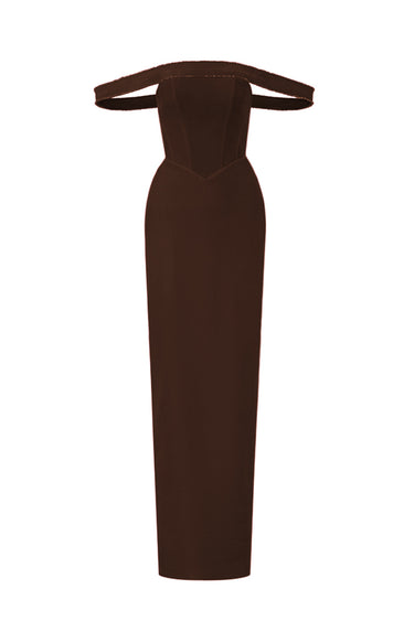 Brown Lyon Velvet Bustier Midi Column Dress With Horizontal Train - IHF STUDIO
